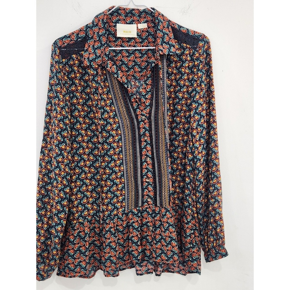 Maeve Anthropologie Floral Geometric Peplum Blouse Navy Orange Lace Trim Size 2 - Picture 2 of 5